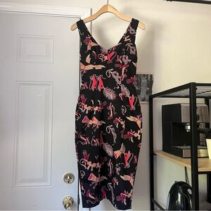 NWT LAURA BYRNES black hand print mod retro pinup sleeveless sheath midi dress